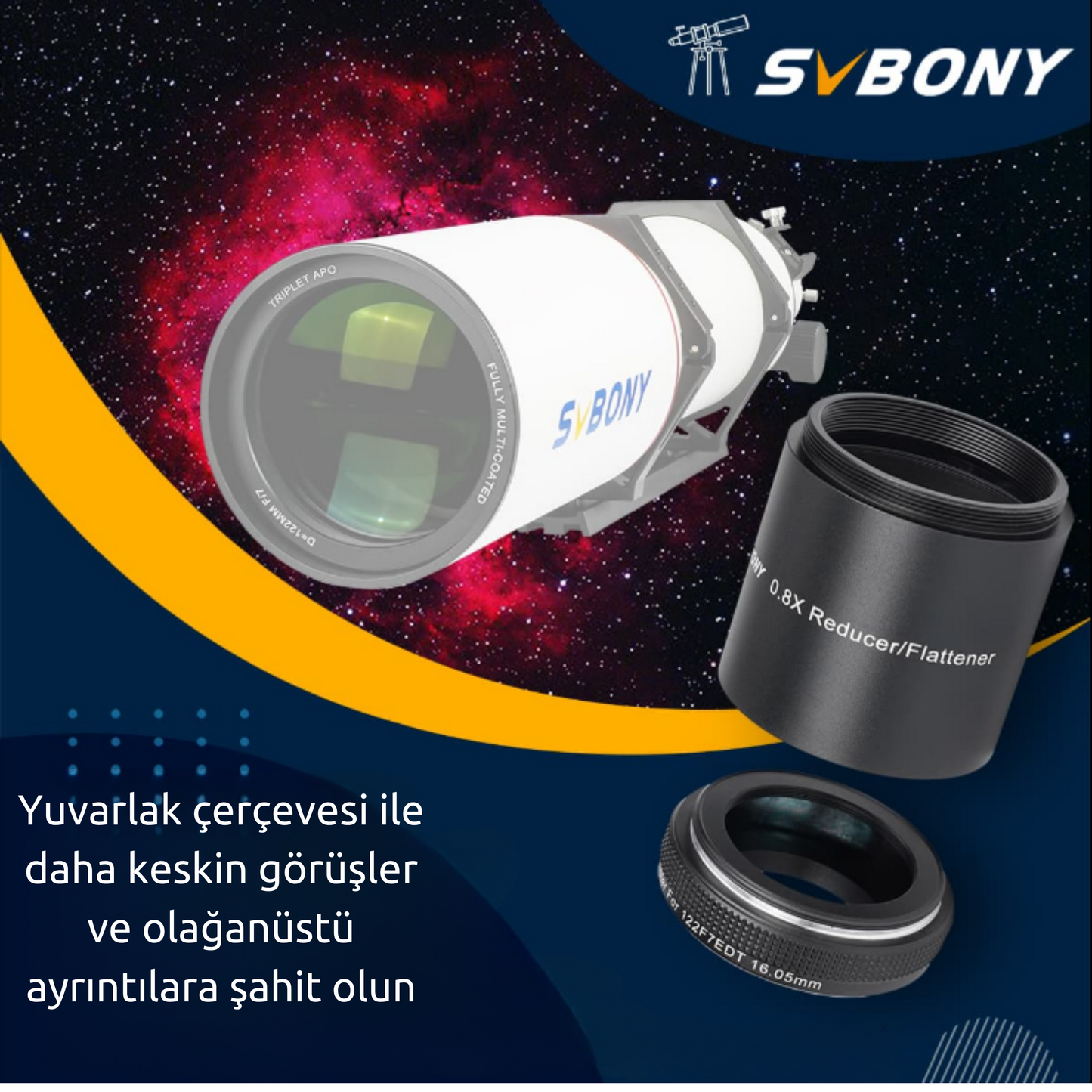 SVBONY SV550 APO Refrakter Teleskop Apokromatik Üçlü 122mm F7 Teleskop ve SV209 Odak Düşürücü/Alan Düzleştirici Reflektör