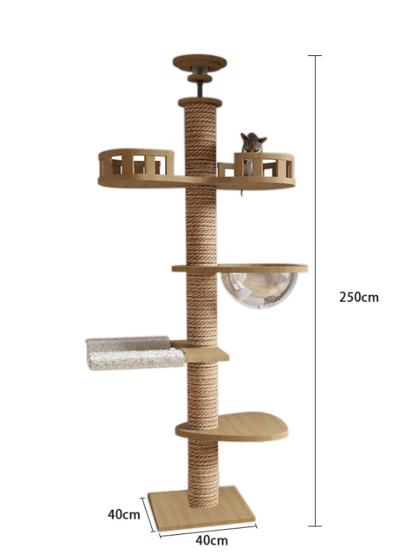 Robin 250 cm Yüksekliğinde Kedi Tırmalama Ağacı –Meşe Ahşap, Balkon ve Uzay Kapsüllü Oyun Alanı