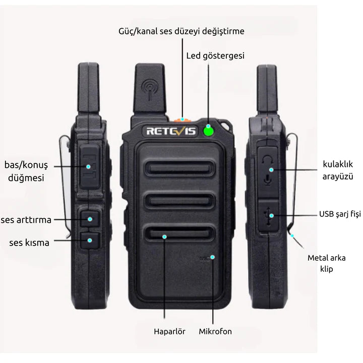 Retevis RT619 对讲机，PMR446 可充电 2 路收音机 USB 1300mAh 电池，VOX 免许可，专业迷你对讲机，适合家庭、露营（1 对，黑色）